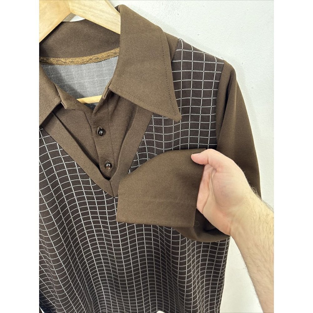 Vintage 60s 70s Hand Tailored Shirt‎ Woman L Polyester Disco Mod Brown - Picture 3 of 8